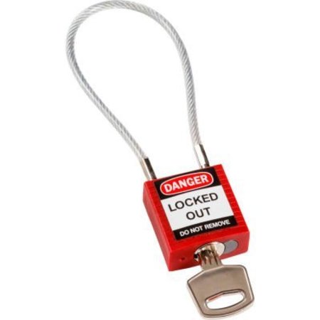 BRADY BradyÂ Cable Safety Padlock W/ Label, 4-3/16"H Clearance Steel Cable, Red 146120